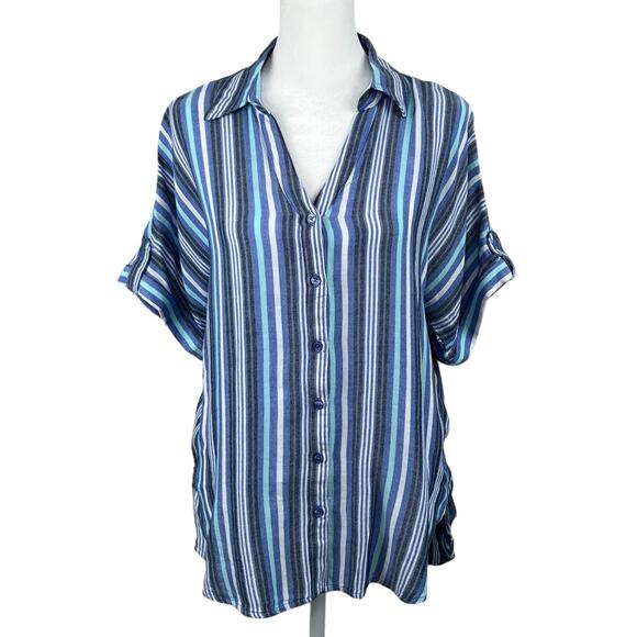 Gloria Vanderbilt Blue Stripe Cuffed Tab Short Sleeve V-Neck Tunic Top Small NWT - Picture 1 of 7